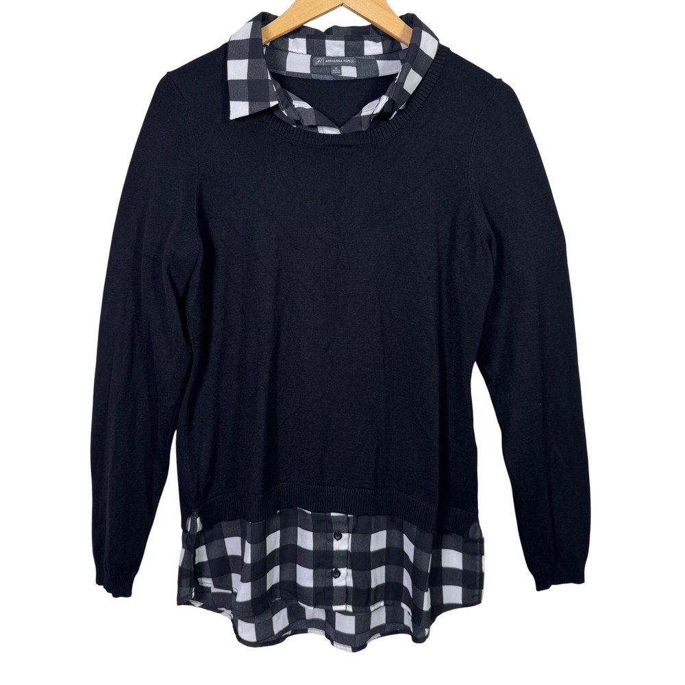 Adrianna‎ Papell Womens Sweater Medium Black Peekaboo Gingham Plaid Collar Shirt